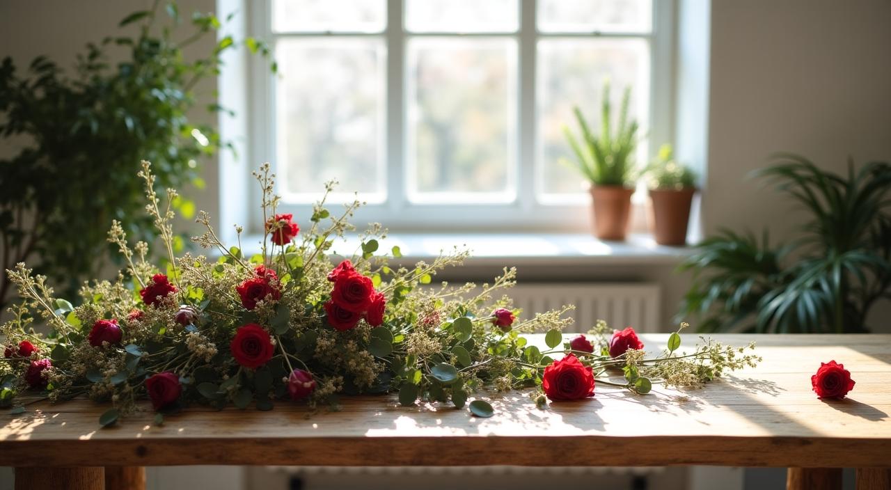 Hands working with fresh flowers in a sunlit studio