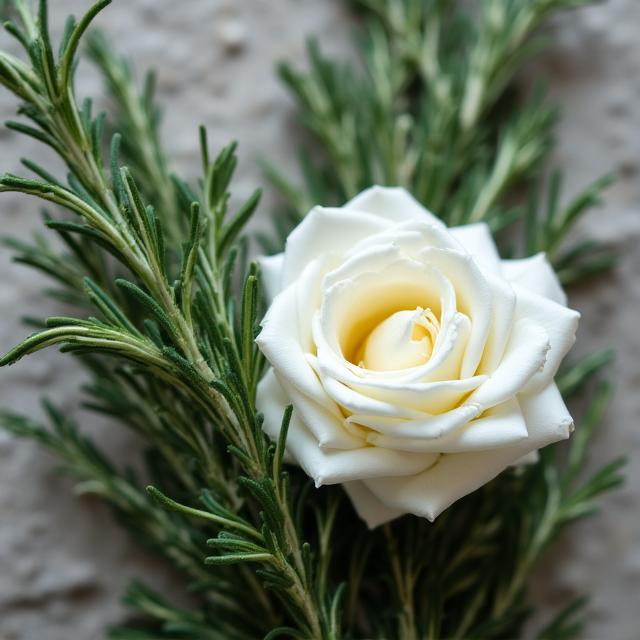 Close-up of aromatic herbs and flowers like rosemary and white roses used for event scenting