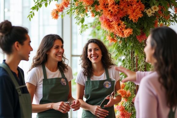 Group of people collaborating on a large floral installation